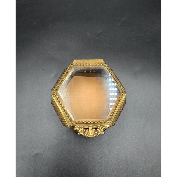 Vintage Ornate Brass & Glass Hexagon Jewelry Box with Filigree Detailing - Picture 9 of 10